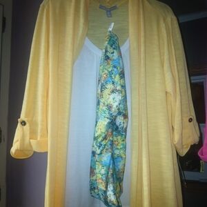 NY Collection Yellow Cardigan with Multicolor Scarf